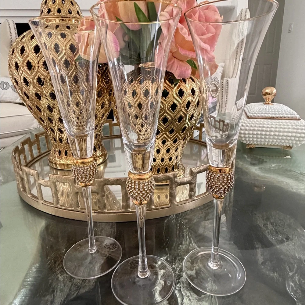 Set of 3 Z Gallerie Elegant Gold and Clear Champagne Flutes